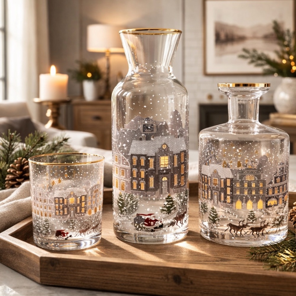Pottery Barn Christmas Holiday Gold Carafe Drinkware Set
